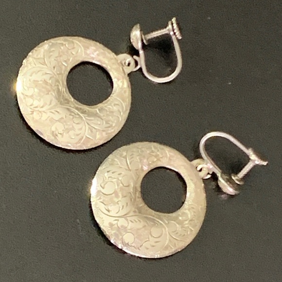 RAREVintage Sterling Silver Puffy Hoop Dangle Screw Back Earrings